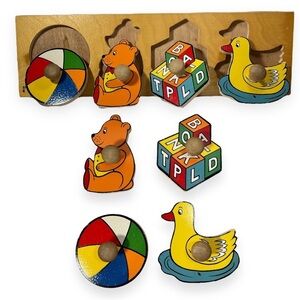 Vtg Puzzle Wood Knob Peg Handle Toddler Bear Ball Duck Blocks 1994 Doron Layeled